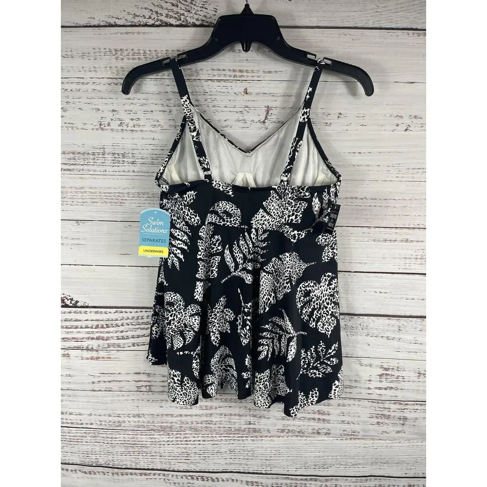 Swim Solutions V Neck Tankini Top Women's Size 10 Black White Underwire D Cup